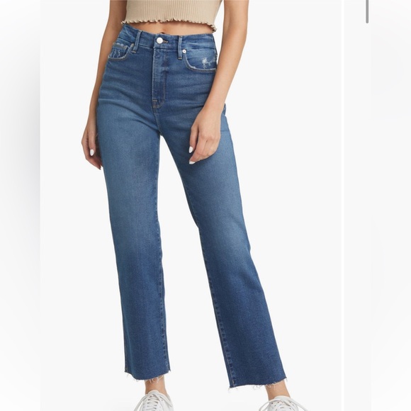 Good American Good Curve Distressed Raw Hem Straight Leg Jeans - Picture 1 of 7